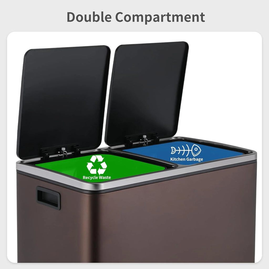 Arlopu 60 L/16 Gal Dual Trash Can, Stainless Steel Garbage Can for Kitchen, Recycle Bin with Lid