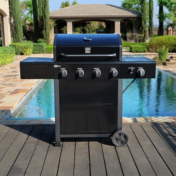 Kenmore 4 Burner Open Cart Propane Gas BBQ Grill with Side Burner. Black