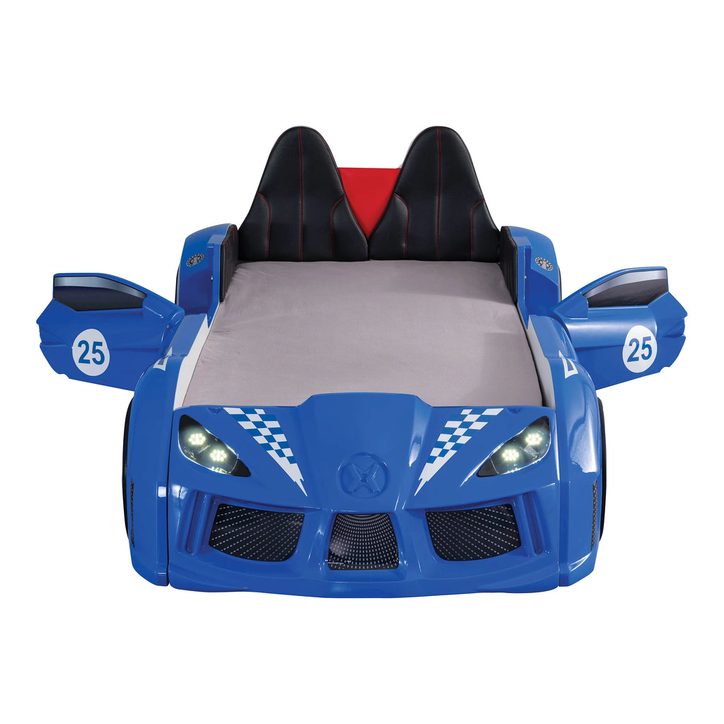Furniture of America Dash Kids Plastic Twin Race Car Bed with LED and Sound, White