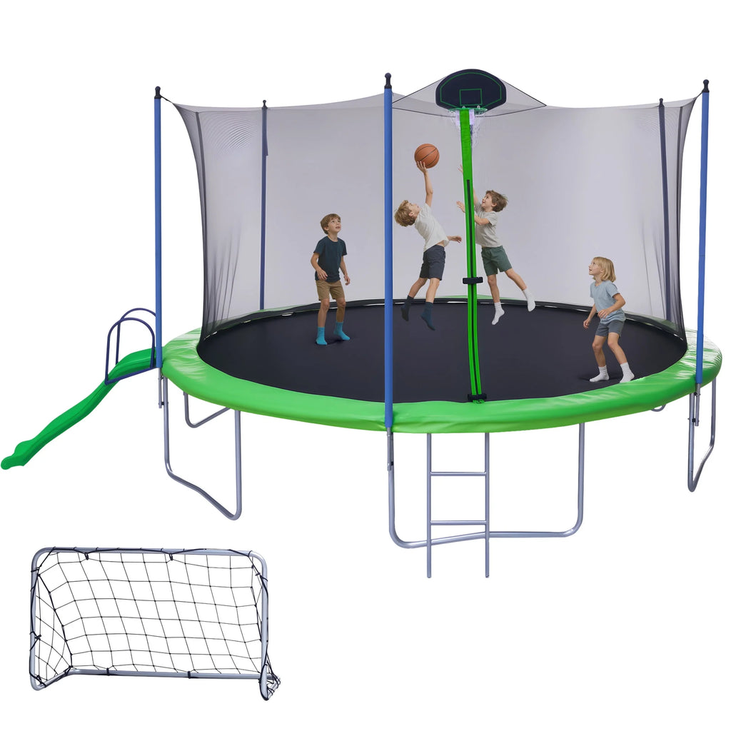 12FT Trampoline with Slide, Swings, SEGMART Recreational Trampoline with Basketball Hoop and Ladder, Heavy Duty Outdoor Backyard Trampoline with Net for Kids and Adults, Green