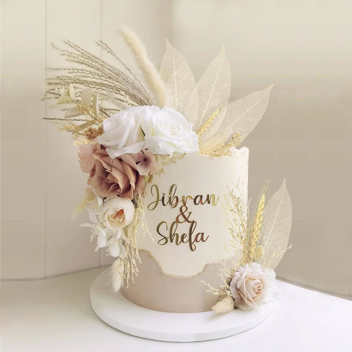 22 Pcs Boho Cake Topper Decorations Vintage Artificial Rose Flowers Leaves Various Dried Pampas Grass Cake Decor for Cake Decorating for Wedding