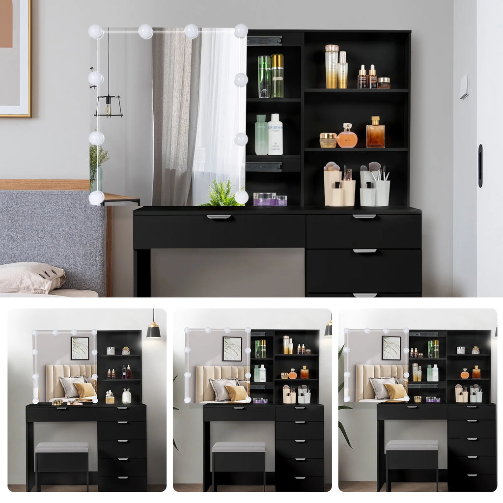 Ktaxon Vanity Set with 3 Color Lighted Mirror, Makeup Table with 6 Drawers, Dressing Table Makeup Desk with Stool, White