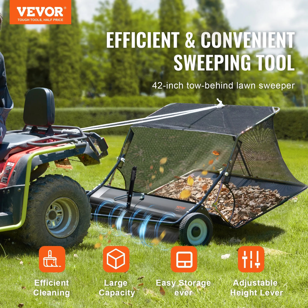 VEVOR 42 - Inch Lawn Sweeper Tow Behind, 12 Cu.ft. Large Pull Behind Grass Sweeper, Heavy Duty Leaf & Grass Collector with Dumping Rope Design, Adjustable Sweeping Height for Picking up Debris & Grass