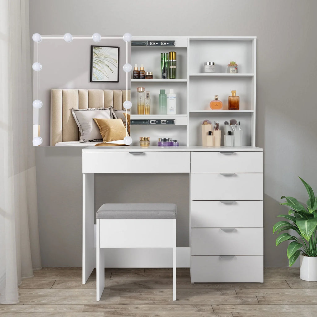 Ktaxon Vanity Set with 3 Color Lighted Mirror, Makeup Table with 6 Drawers, Dressing Table Makeup Desk with Stool, White