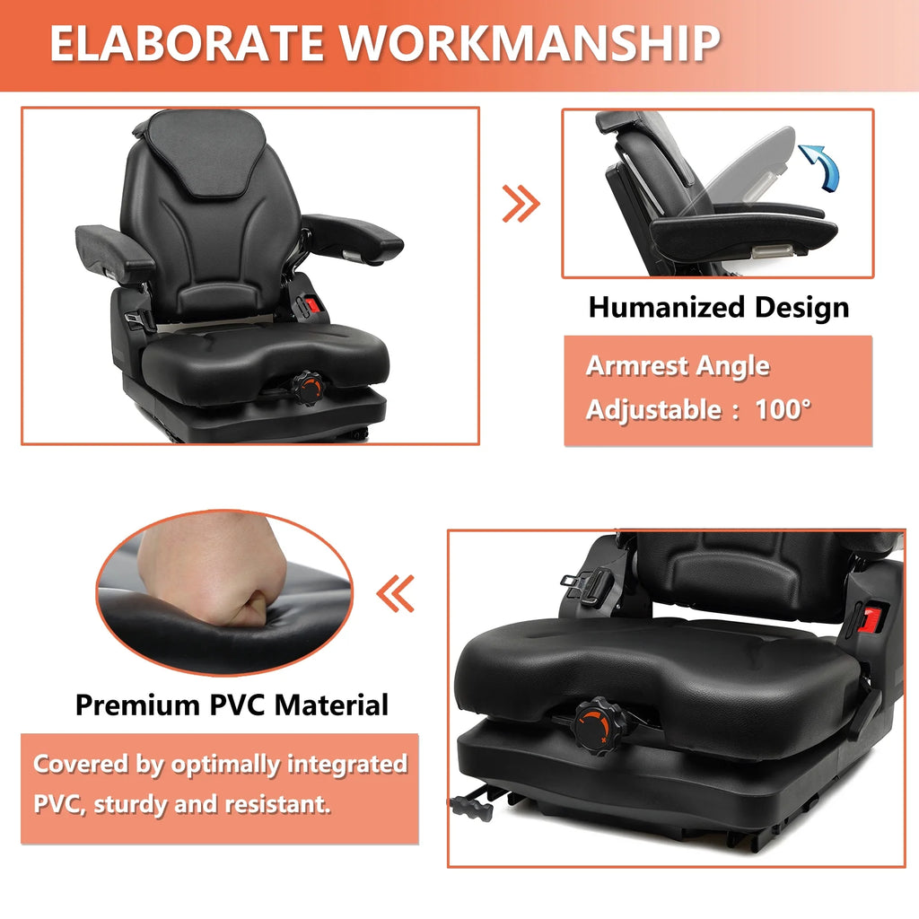 TICSEA Highback Low Suspension Tractor Seat, Adjustable Backrest Headrest and Slide Rails Forklift Seat, Adjustable Armrests Shock Absorber Heavy Duty for Excavator Harvester