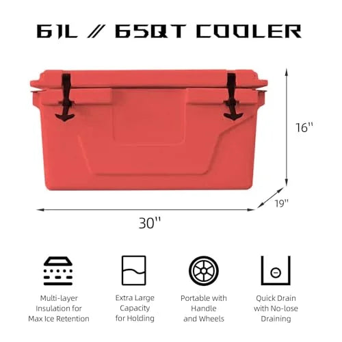 Portable Cooler 65 Quart Ultra - Light Wheeled Hard Cooler Insulated Portable Ice Chest Box with Wheels, Large Leakproof Camping Cooler for Beach, Camping, Picnic, Fishing, Boat, Barbecue