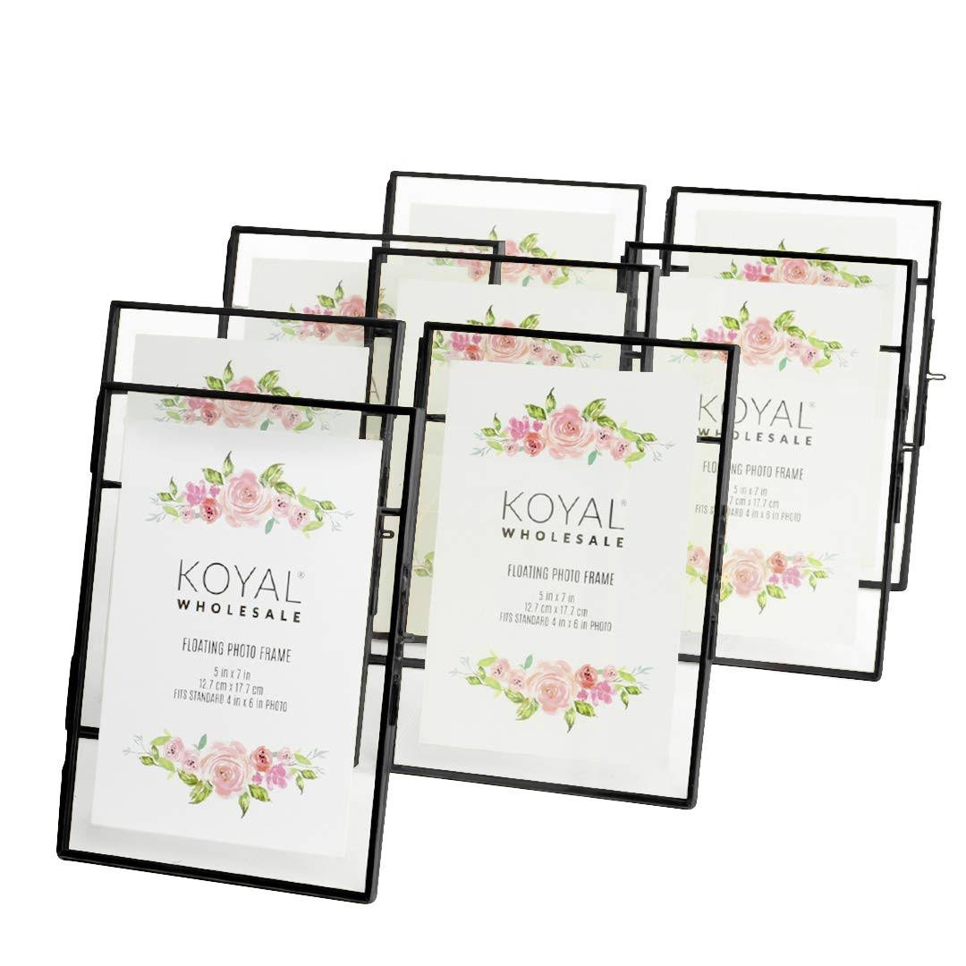 Koyal Wholesale Black Pressed Glass Floating Photo Frames 5 x 7 Frame, 8-Pack with Stands Use Horizontal or Vertical