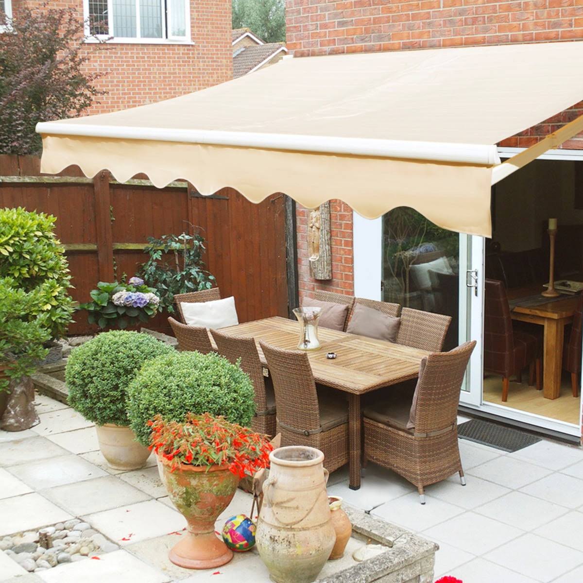 Xtremepowerus 10'x8' Manual Retractable Patio Awning Outdoor Sun Shade Canopy, Tan