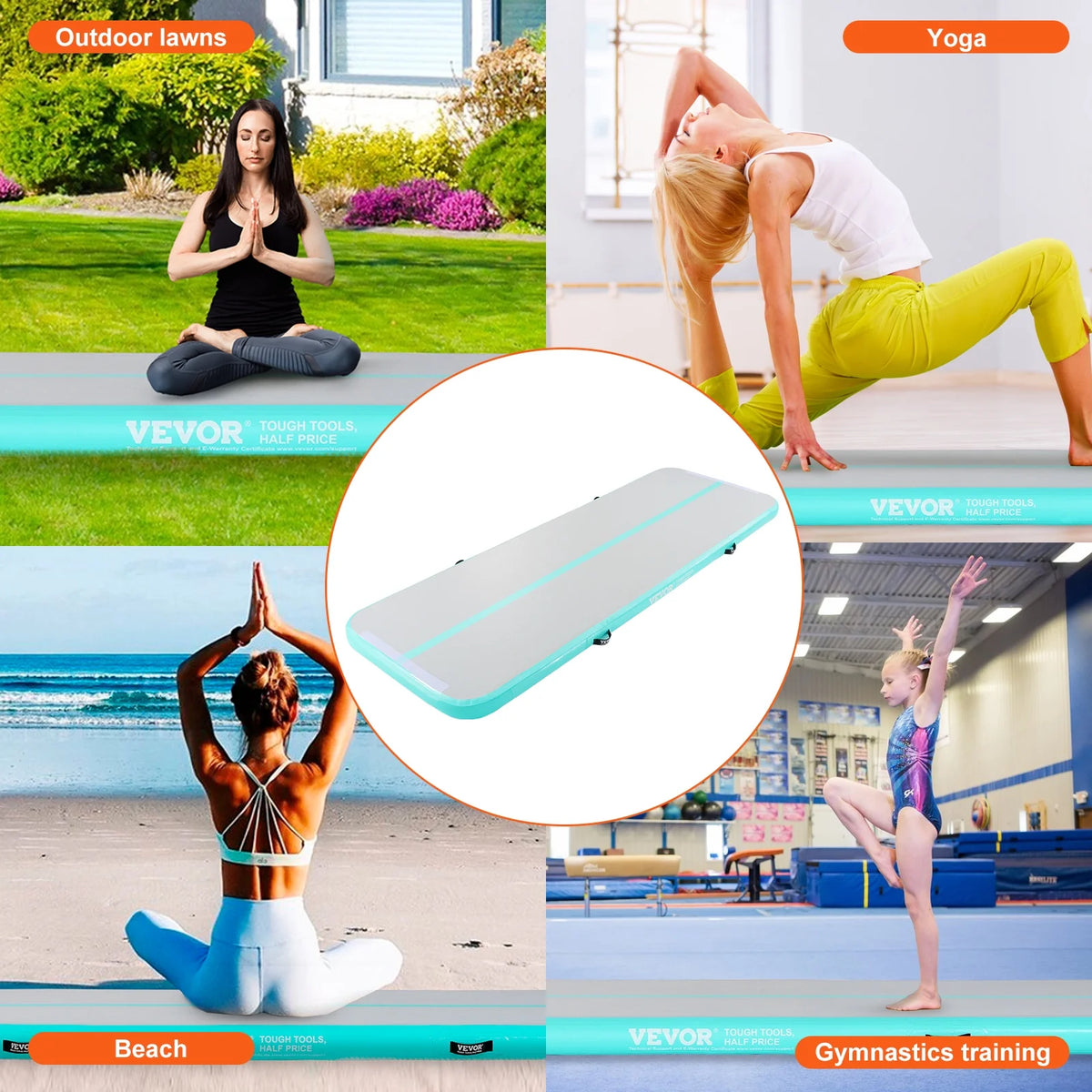 VEVOR Gymnastics Air Mat, 4 in Thickness Inflatable Gymnastics Tumbling Mat, Tumble Track with Electric Pump, Training Mats for Home Use/Gym/Yoga/Cheerleading/Beach/Park/Water, 10 Ft, Mint Green