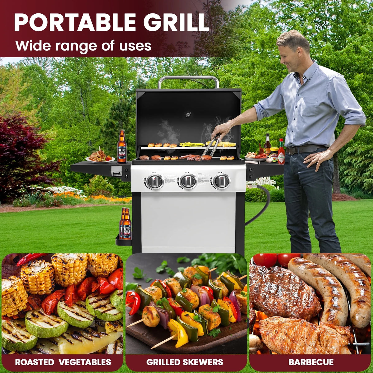 Enyopro 3 Burner Propane Gas Grill, 40, 000BTU Stainless Steel BBQ Grill with Brush, Built - in Thermometer, 4 Universal Wheels for Outdoor Cooking Patio Backyard