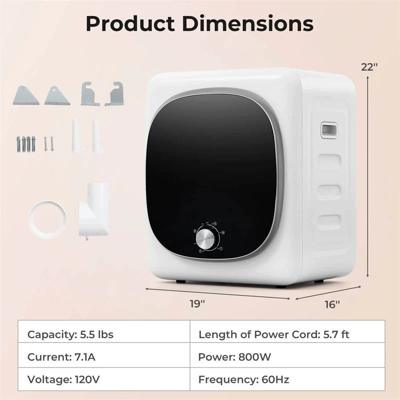 1.5 cu.ft Portable Clothes Dryer, 800W Electric Compact Vented Tumble Dryer with Stainless Steel Tub & 5 Modes for Apartment, Dorm & RV