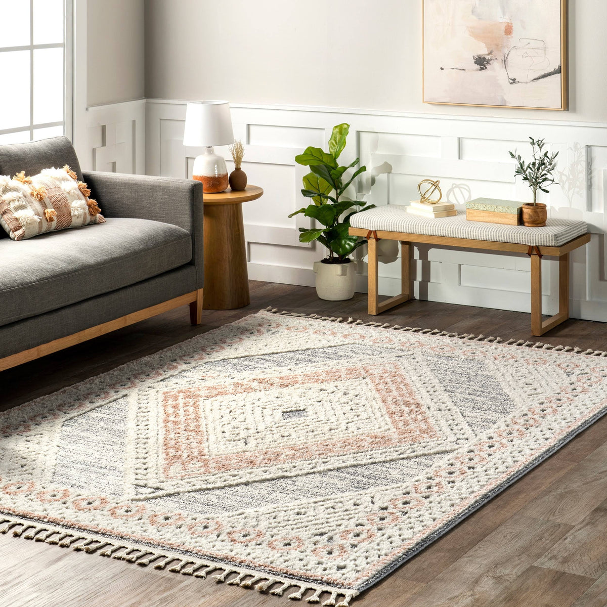 nuLOOM Acacia Raised Diamond Tasseled Area Rug 5' x 8' in Beige