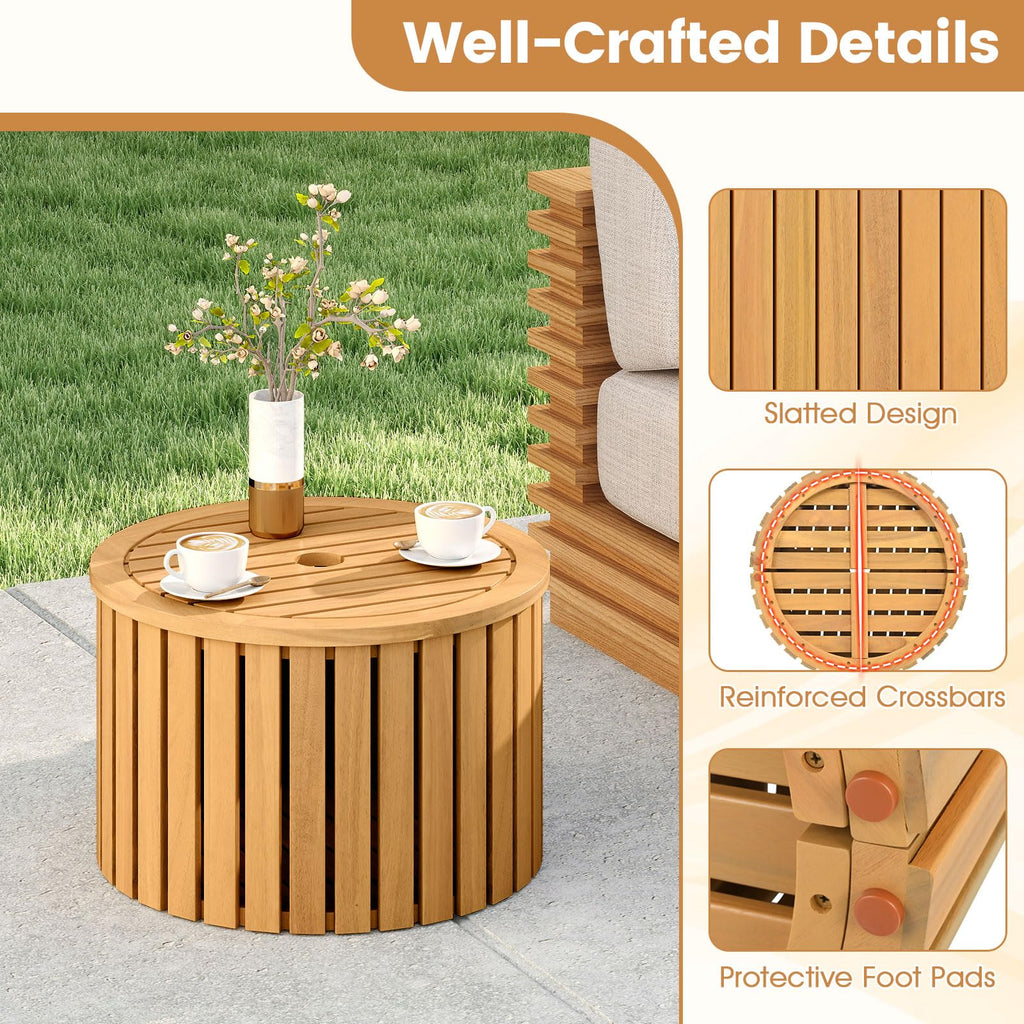 2-in-1 Outdoor Side Table with Storage Acacia Wood Slatted Coffee Table Round Slatted End Storage Box