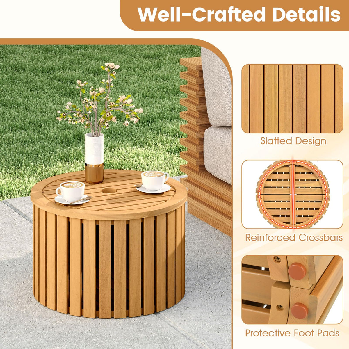 2-in-1 Outdoor Side Table with Storage Acacia Wood Slatted Coffee Table Round Slatted End Storage Box