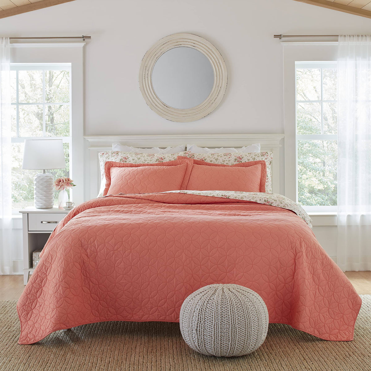 Laura Ashley Solid Quilt Set - Coral - Full/Queen
