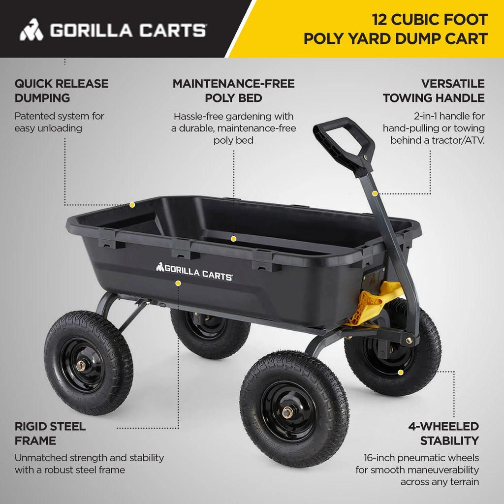Gorilla Carts 12 cu ft Poly Yard Dump Cart with Quick - Release, 1600 lb Capacity, Black