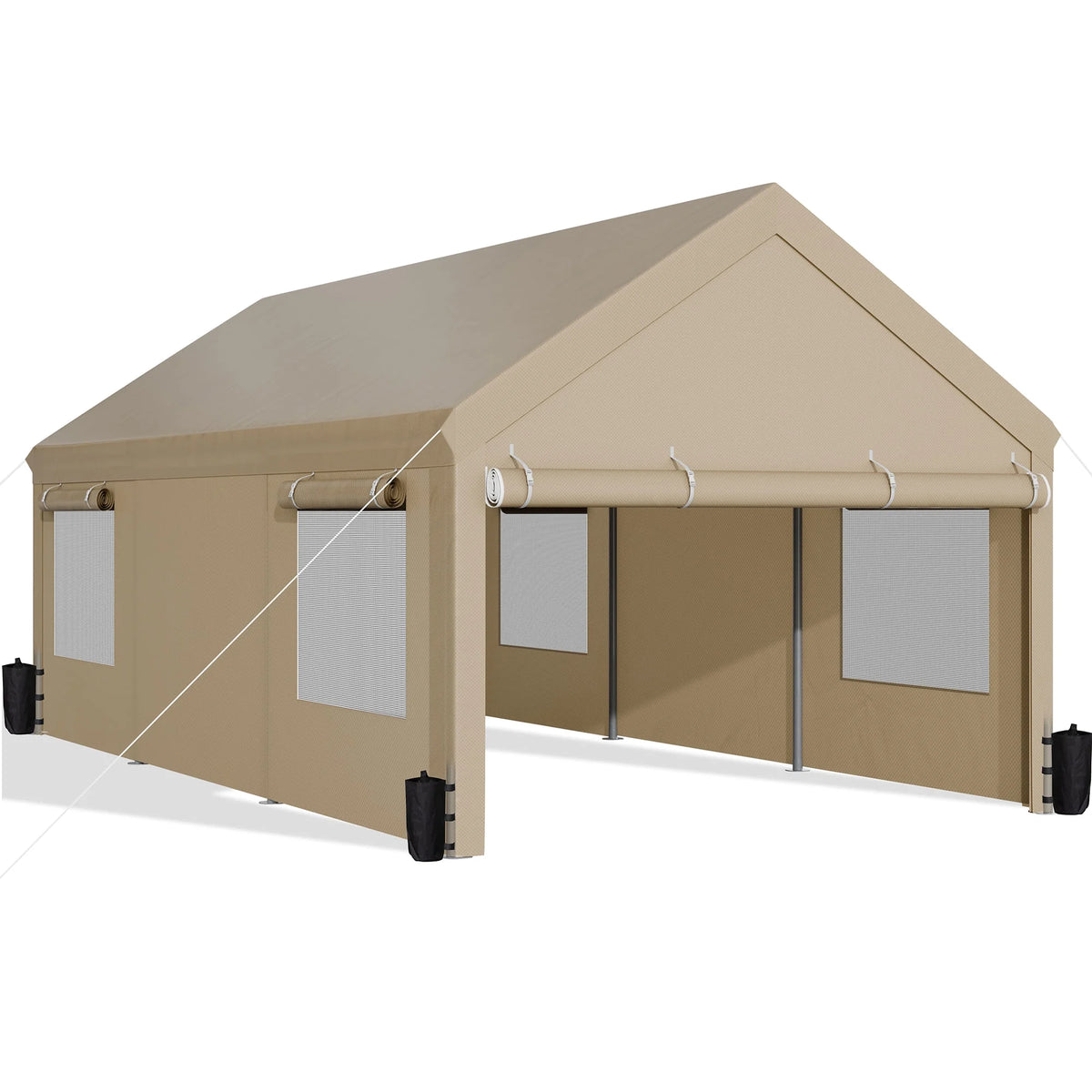 Walsunny 12x20 Ft Carport with 4 Sandbags Heavy Duty Canopy with Roll - up Windows Portable Garage with Removable Sidewalls & Doors Car Canopy Khaki
