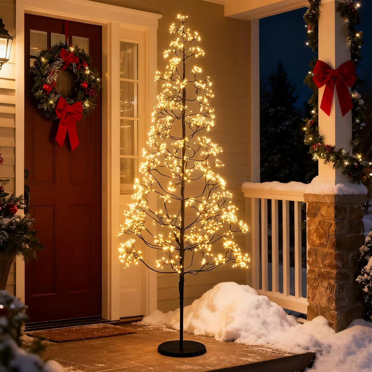 5/6/7 FT Lighted Alpine Tree for Christmas, Pre-lit Artificial Cedar Tree with Weighted Base