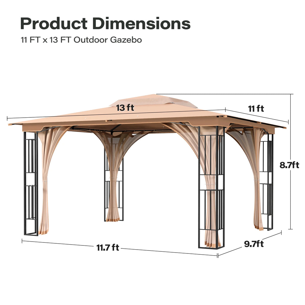 LAUSAINT HOME Patio Gazebo 13'X11', Heavy Duty Gazebos Shelter Party Tent with Double Roofs, Mosquito Nettings for Backyard, Garden, Lawn, (Khaki)