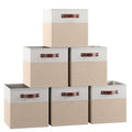 Ornavo Home Foldable Linen Storage Cube Bin with Leather Handles - Set of 6 - White, Khaki