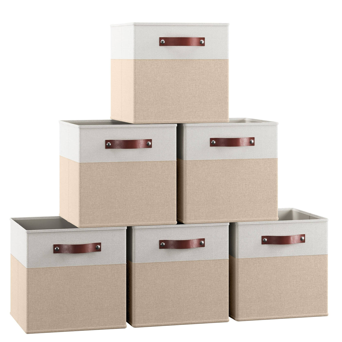 Ornavo Home Foldable Linen Storage Cube Bin with Leather Handles - Set of 6 - White, Khaki