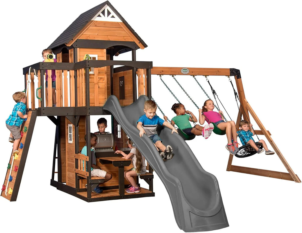 Backyard Discovery Canyon Creek Cedar Wood Swing Set with Wave Slide, Clubhouse, Play Kitchen, Picnic Area, Belt Swings, Web Swing, Rock Wall, Balconies, Playhouse, Step Ladder, Outdoor Playset
