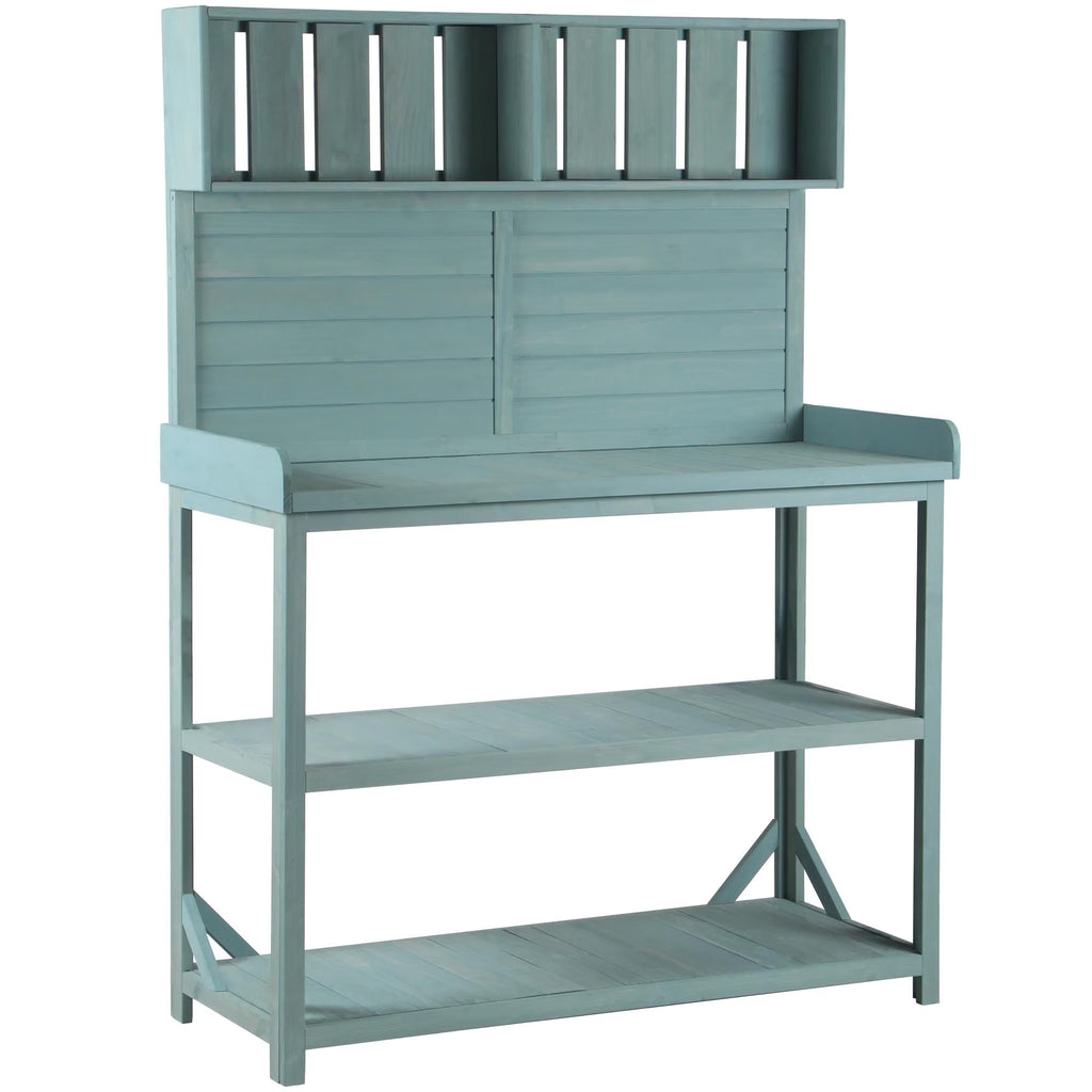 65" Large Wooden Farmhouse Rustic Outdoor Potting Bench Table, Patio Workstation, Garden Potting Bench with 4 Storage Shelves and Side Hook, Green