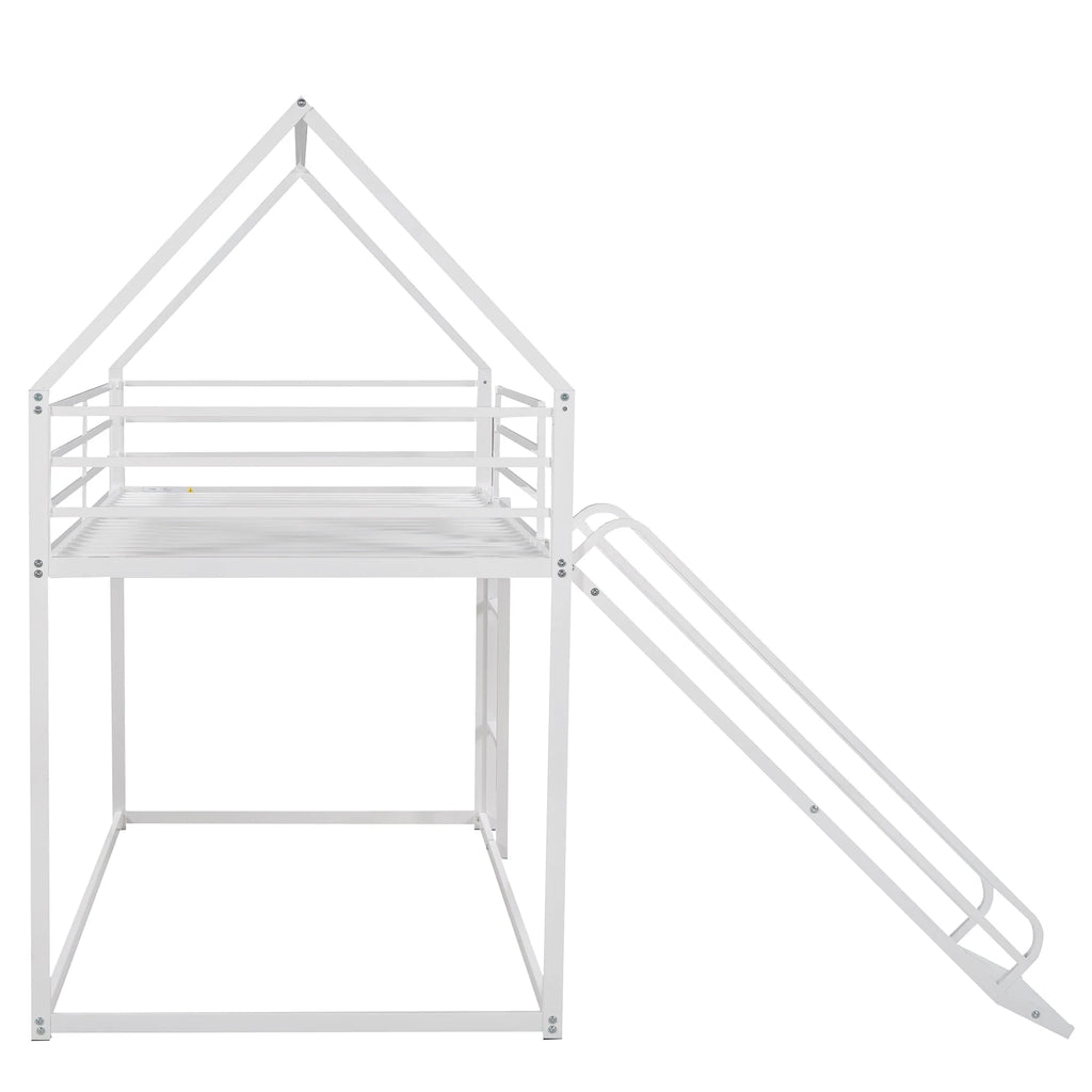 Jump Into Fun Bunk Bed Twin Over Twin, Metal Bunk Bed with Slide, House Low Bunk Bed with Ladder and Safety Guardrails, Noise Free Floor Twin Bunk Beds for Kids, Adults, Bedroom, White