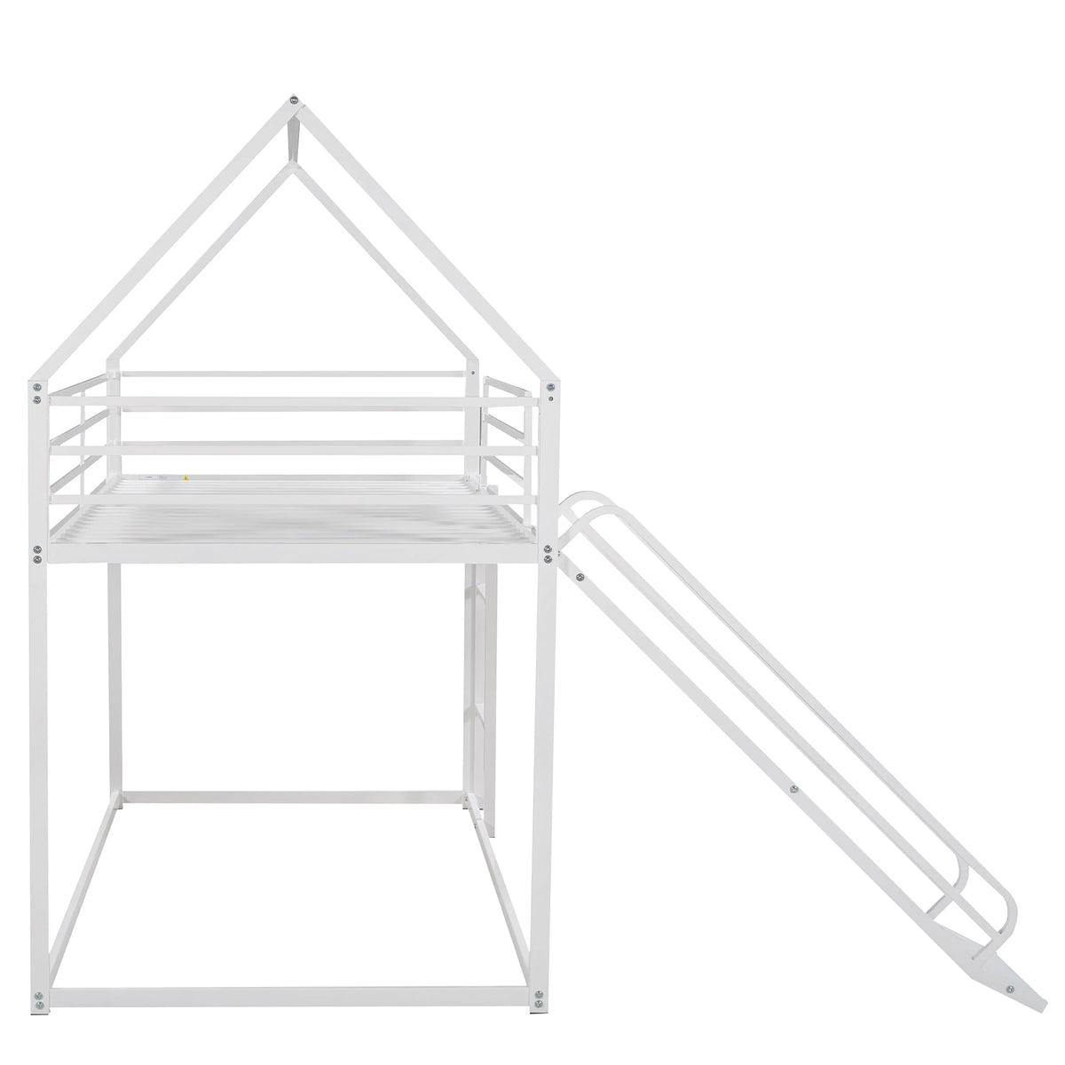Jump Into Fun Bunk Bed Twin Over Twin, Metal Bunk Bed with Slide, House Low Bunk Bed with Ladder and Safety Guardrails, Noise Free Floor Twin Bunk Beds for Kids, Adults, Bedroom, White