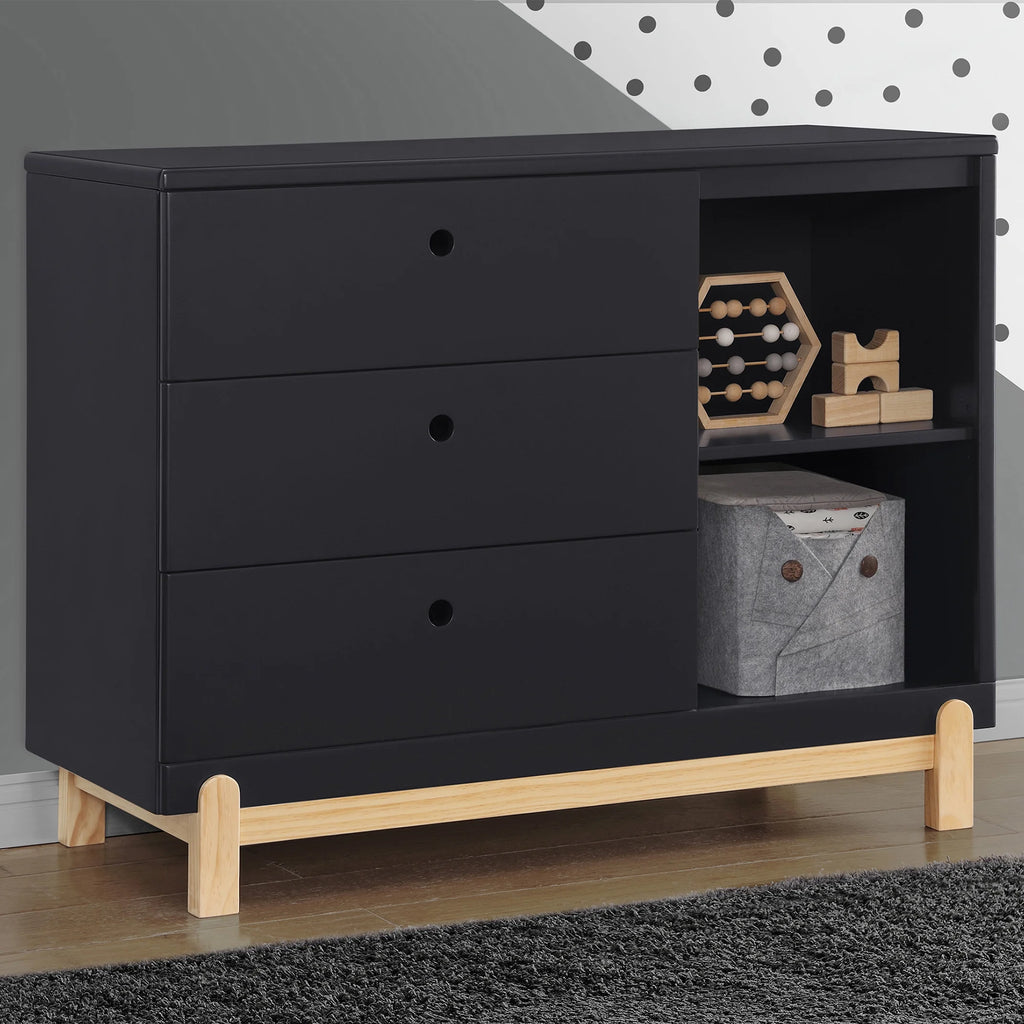 Delta Children Poppy 3 Drawer Dresser with Cubbies and Interlocking Drawers, Bianca White/Natural