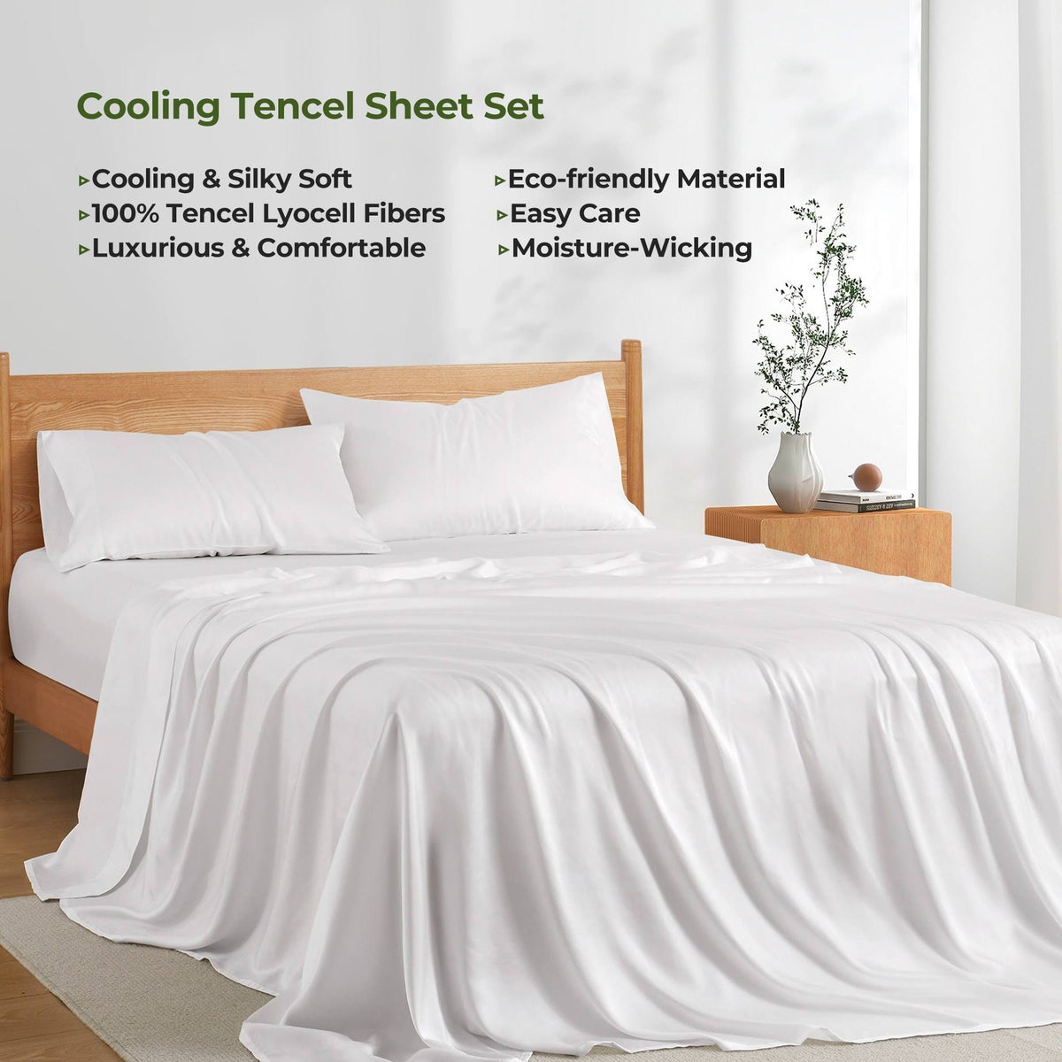 Peace Nest Silky Smooth Soft Tencel Lyocell Sheet Set Solid Color, White, Queen