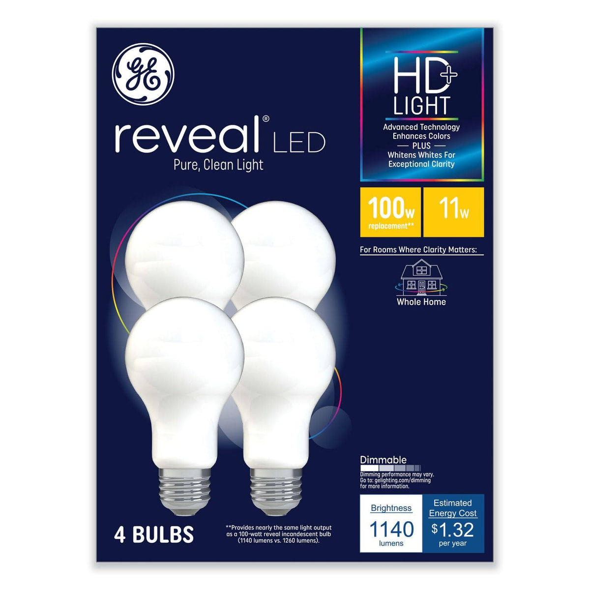 GE Reveal HD+ LED A19 Light Bulb, 11 W, 4/Pack