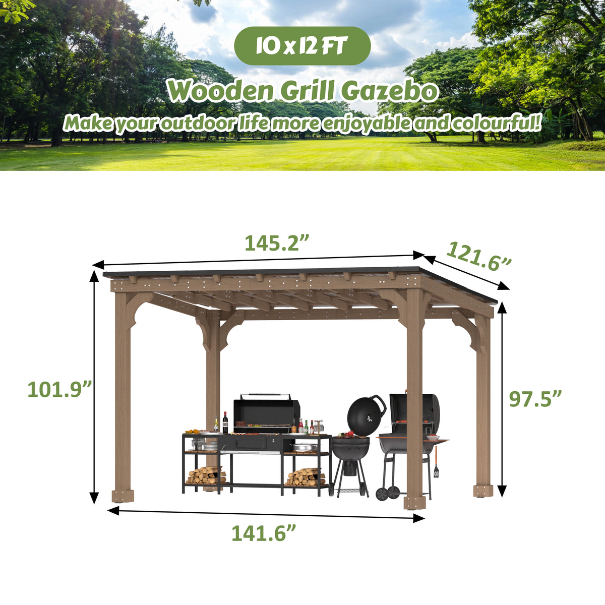VEIKOUS 8' x 5' Outdoor Hardtop Gazebo, BBQ Grill Gazebo W/ Workstation Shelves for Lawn, Garden, Deck