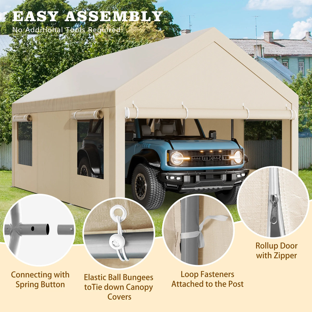 Walsunny 12x20 Ft Carport with 4 Sandbags Heavy Duty Canopy with Roll - up Windows Portable Garage with Removable Sidewalls & Doors Car Canopy Khaki