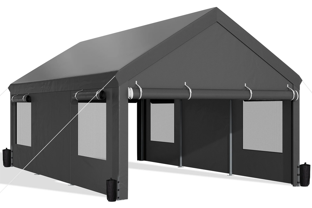 Walsunny 12x20 Ft Carport with 4 Sandbags Heavy Duty Canopy with Roll - up Windows Portable Garage with Removable Sidewalls & Doors Car Canopy Khaki