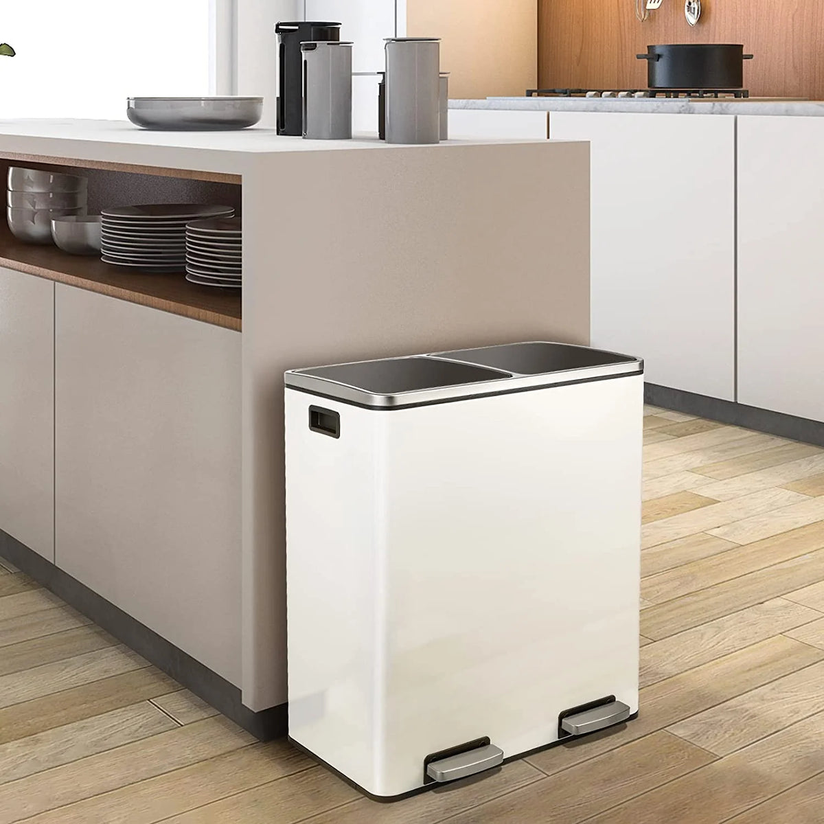Arlopu 60 L/16 Gal Dual Trash Can, Stainless Steel Garbage Can for Kitchen, Recycle Bin with Lid