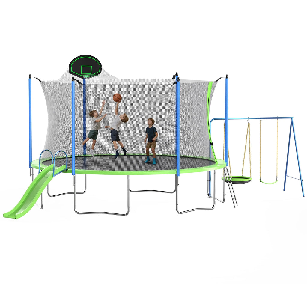 12FT Trampoline with Slide, Swings, SEGMART Recreational Trampoline with Basketball Hoop and Ladder, Heavy Duty Outdoor Backyard Trampoline with Net for Kids and Adults, Green