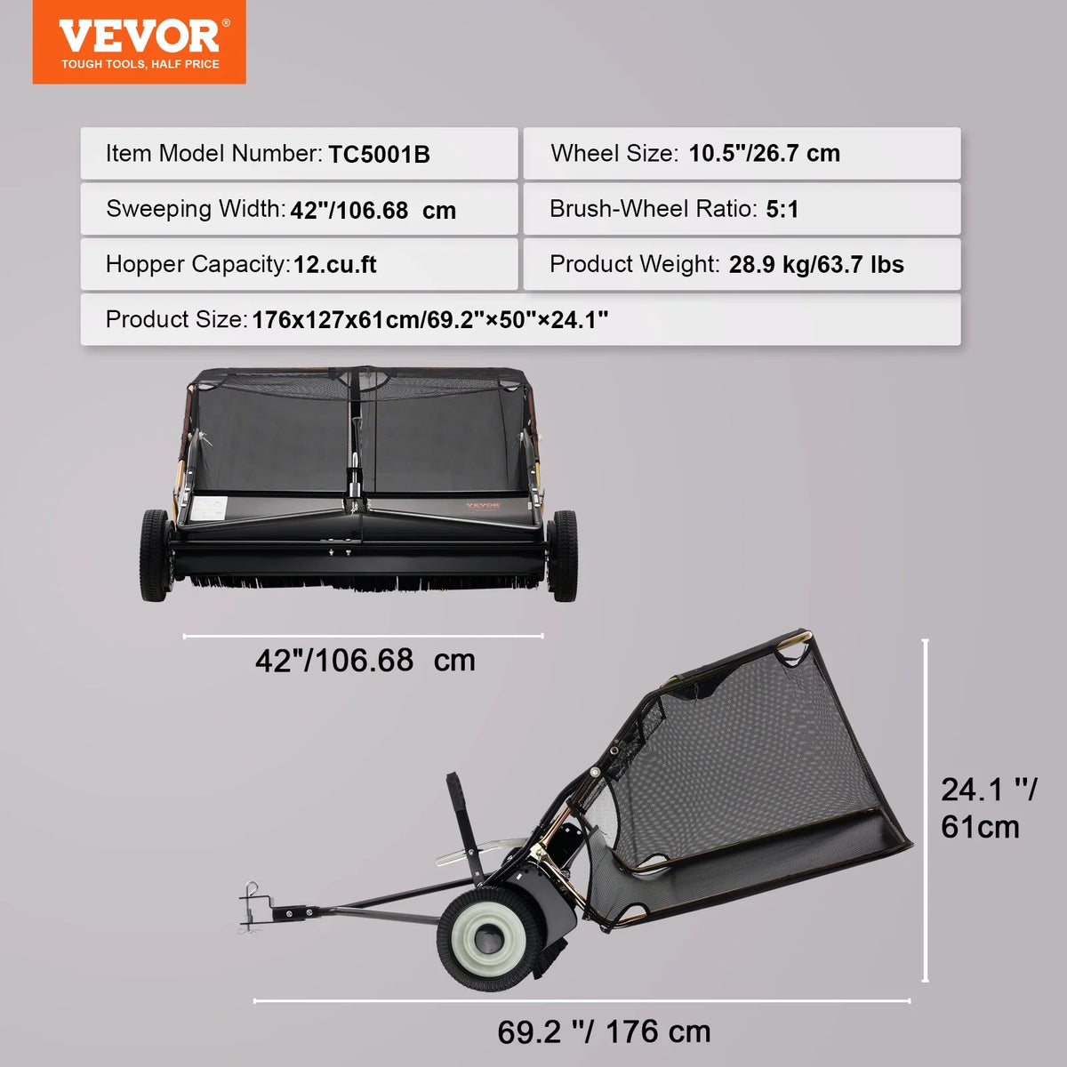 VEVOR 42 - Inch Lawn Sweeper Tow Behind, 12 Cu.ft. Large Pull Behind Grass Sweeper, Heavy Duty Leaf & Grass Collector with Dumping Rope Design, Adjustable Sweeping Height for Picking up Debris & Grass