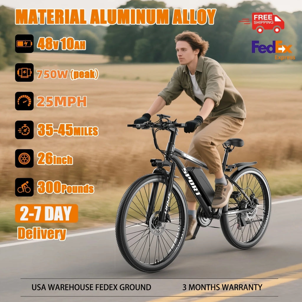 26" Electric Bike for Adults with Peak 750W Brushless Motor, 35miles 22MPH Commuting Electric Mountain Bike with 36V 10AH Removable Battery, 7 - Speed, Front Fork Suspension