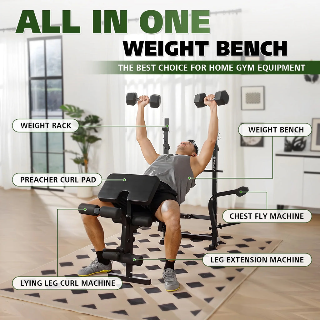Mikolo Adjustable Weight Bench Set, 800 lb 6 in 1 Full Body Workout Weight Bench with Leg Extension, Multi - Function Strength Training Bench Press Set for Home Gym