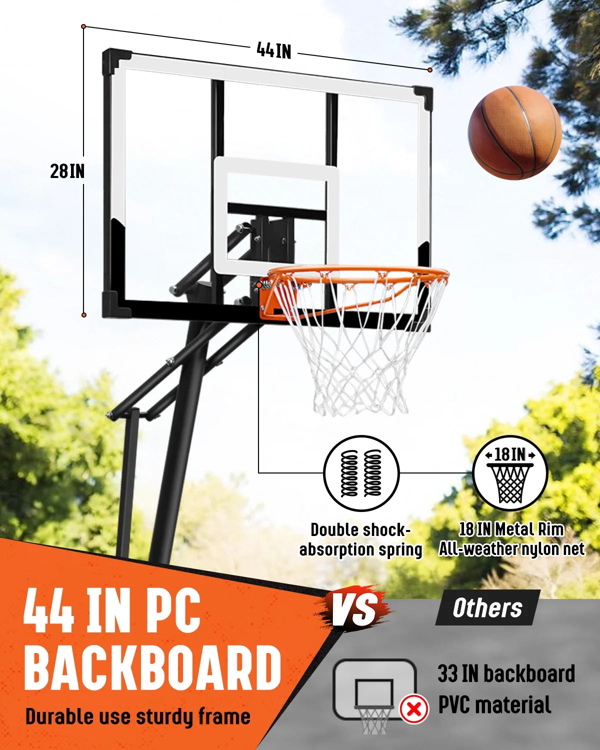 Seray Basketball Hoop with 4.8 - 10 Feet Height Adjustable for Kids/Adults, Portable Basketball Goal with 44 in Backboard and 2 Wheels for Outdoor/Indoor Sports