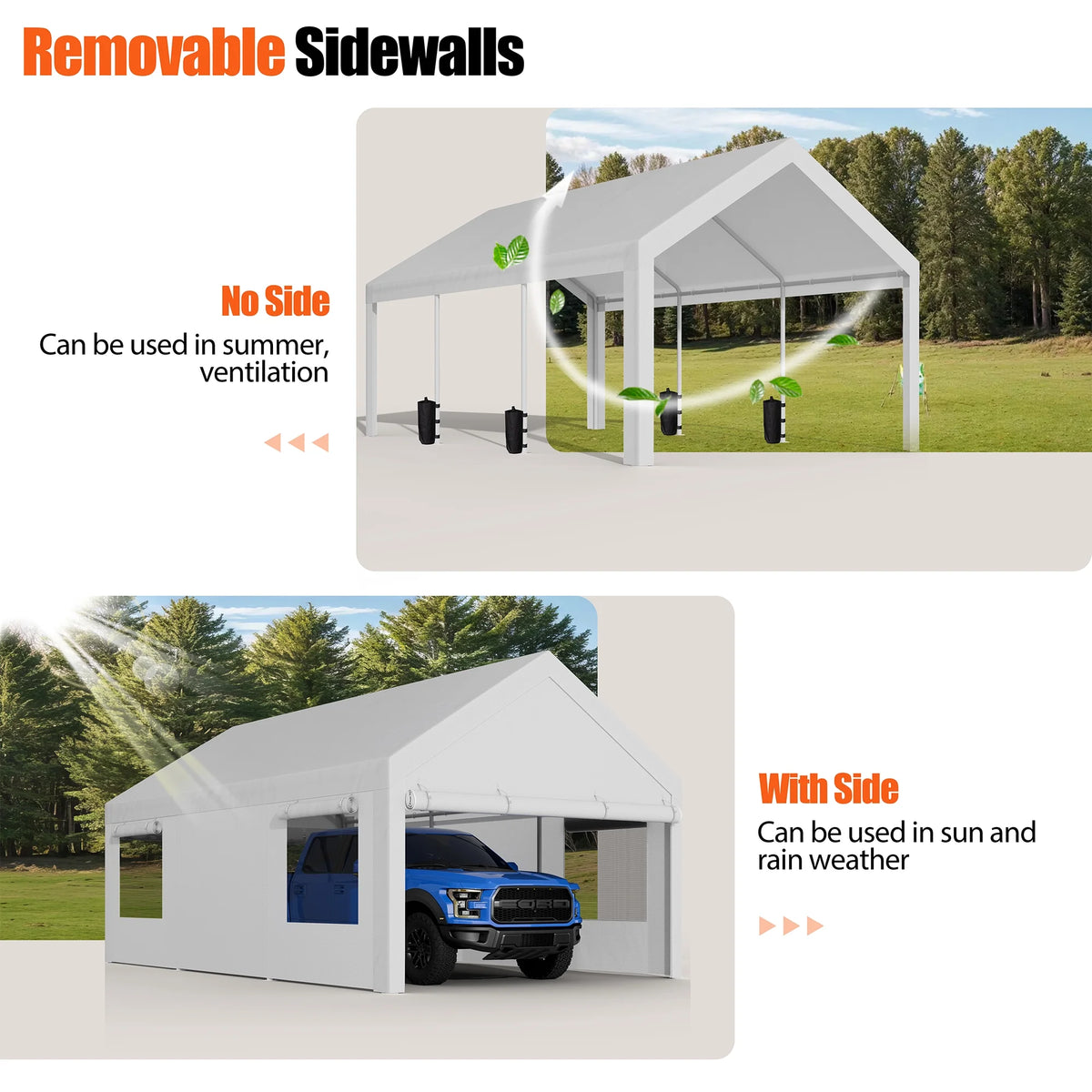 Walsunny 12x20 Ft Carport with 4 Sandbags Heavy Duty Canopy with Roll - up Windows Portable Garage with Removable Sidewalls & Doors Car Canopy Khaki
