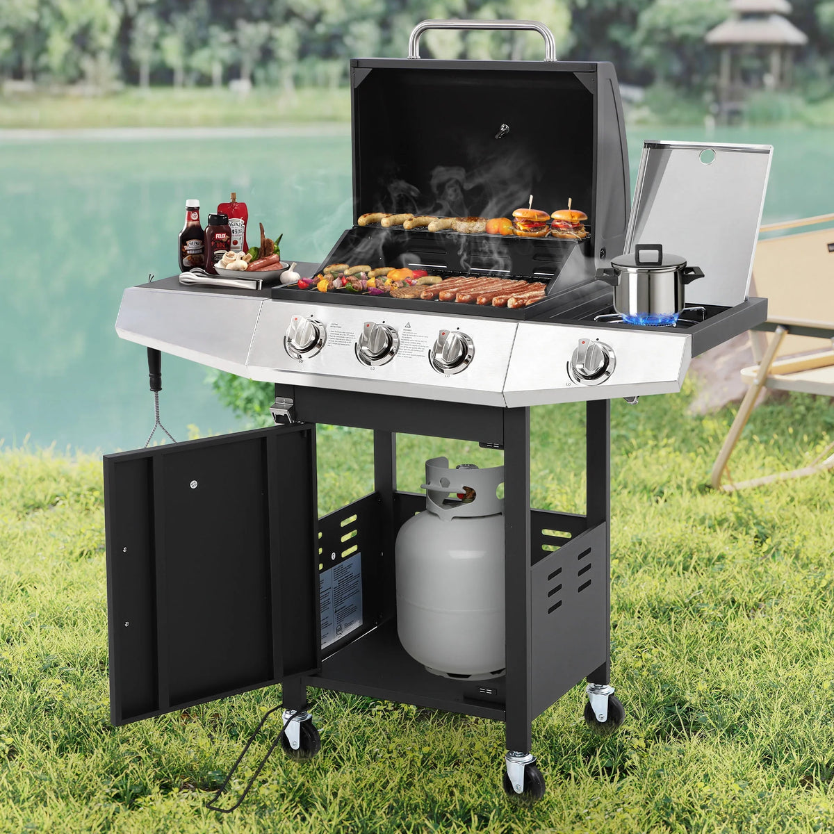 Enyopro 3 Burner Propane Gas Grill, 40, 000BTU Stainless Steel BBQ Grill with Brush, Built - in Thermometer, 4 Universal Wheels for Outdoor Cooking Patio Backyard