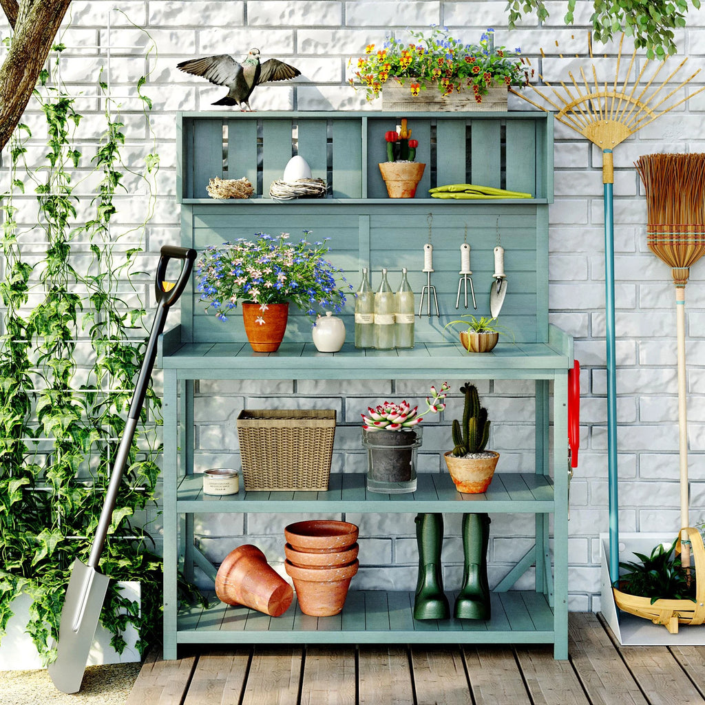 65" Large Wooden Farmhouse Rustic Outdoor Potting Bench Table, Patio Workstation, Garden Potting Bench with 4 Storage Shelves and Side Hook, Green