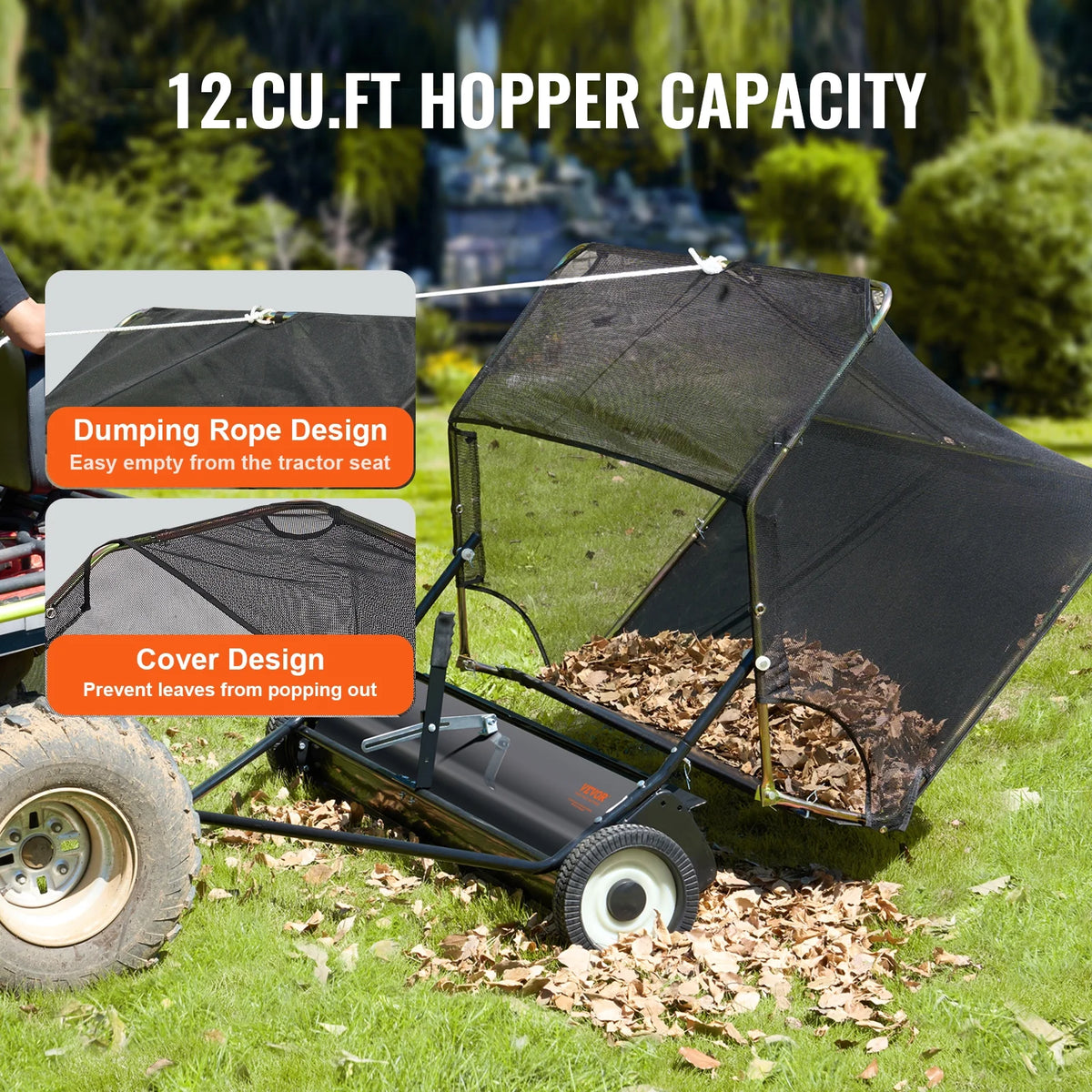VEVOR 42 - Inch Lawn Sweeper Tow Behind, 12 Cu.ft. Large Pull Behind Grass Sweeper, Heavy Duty Leaf & Grass Collector with Dumping Rope Design, Adjustable Sweeping Height for Picking up Debris & Grass