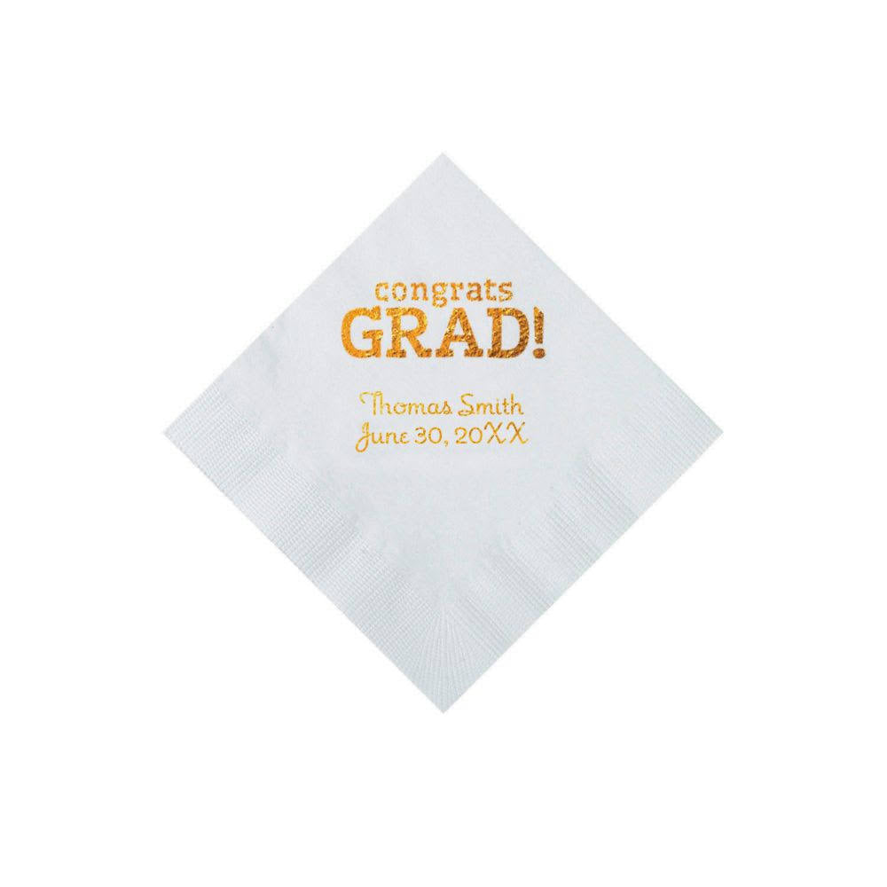 White Congrats Grad Personalized Napkins with Gold Foil - Beverage - Party Supplies - 50 Pieces
