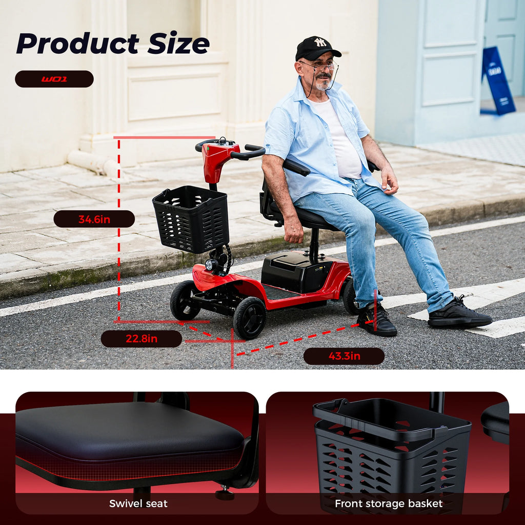 Iscooter 4 Wheel Mobility Scooter for Seniors, Wider Seats & Foldale Electric Wheelchair Device for Travel, Upgraded for Superior Performance, Red