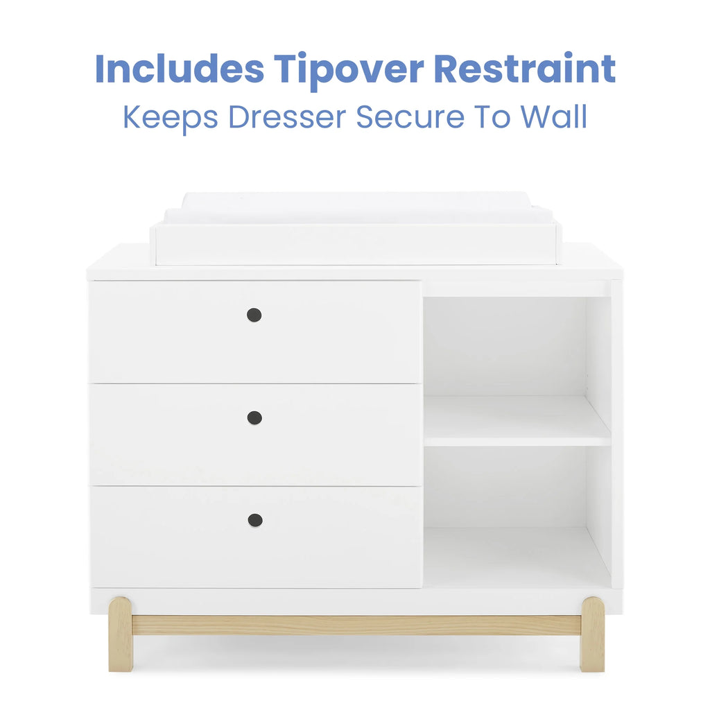 Delta Children Poppy 3 Drawer Dresser with Cubbies and Interlocking Drawers, Bianca White/Natural