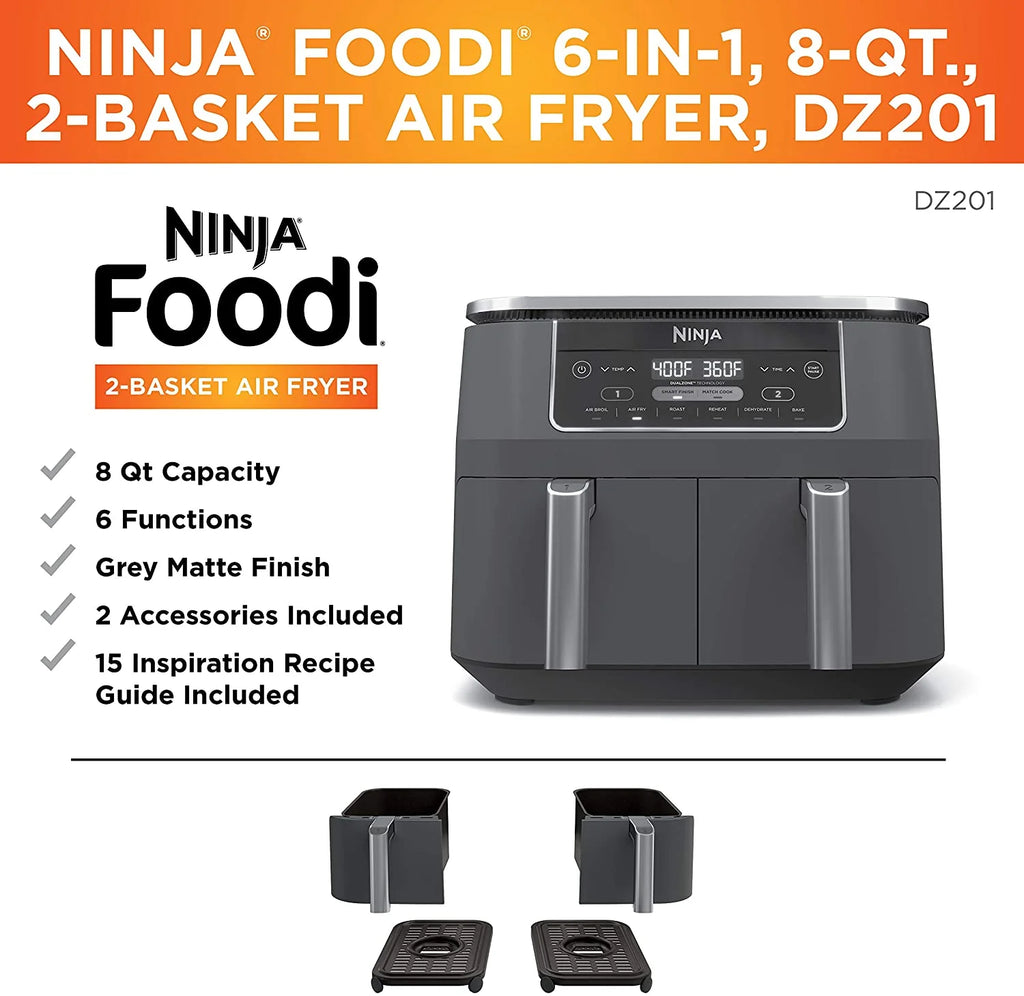 Restored Ninja DZ201 Foodi 6 - in - 1 2 - Basket Air Fryer with Dualzone Technology, 8 - Quart Capacity, and a Dark Grey Stainless Finish (Refurbished)