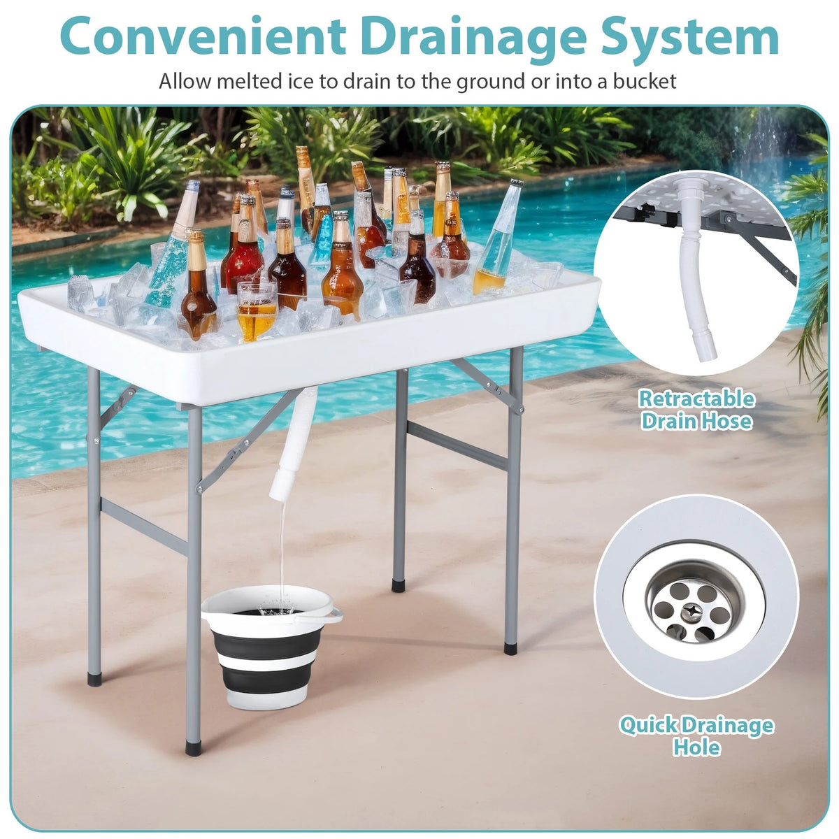 Homgarden Party Ice Cooler Table Folding Chill Table W/Skirt & Drain Hose & Bucket for Picnic Indoor Outdoor